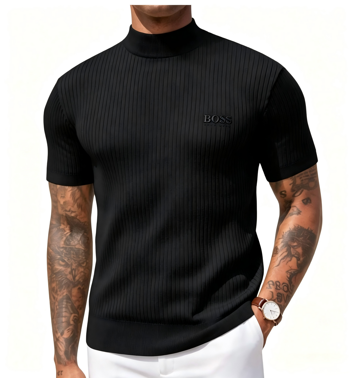 Men's high-neck short-sleeved knit sweater, vertical striped slim-fit pullover T-shirt, casual business top.