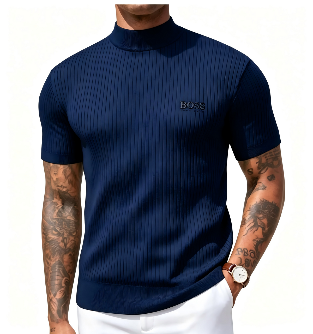 Men's high-neck short-sleeved knit sweater, vertical striped slim-fit pullover T-shirt, casual business top.