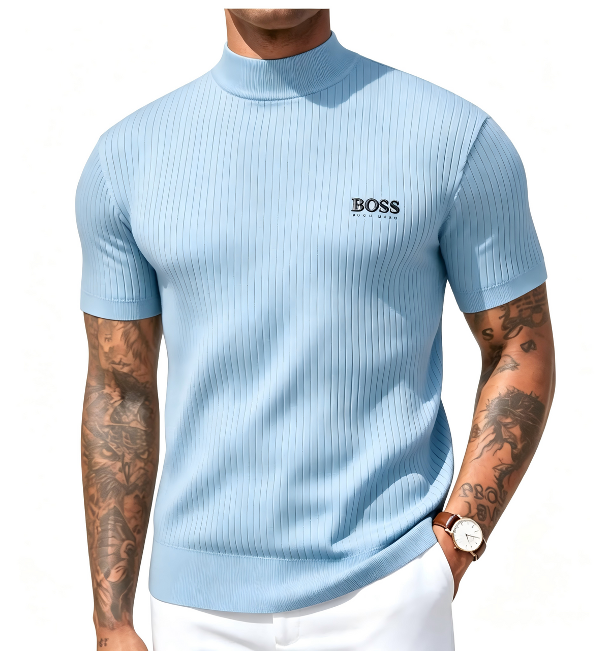 Men's high-neck short-sleeved knit sweater, vertical striped slim-fit pullover T-shirt, casual business top.