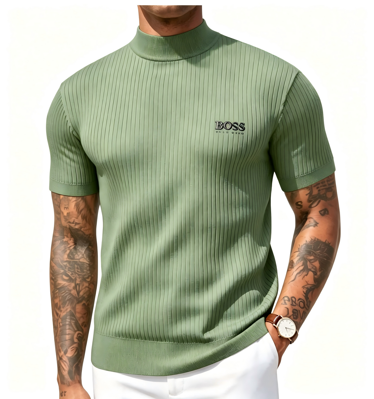 Men's high-neck short-sleeved knit sweater, vertical striped slim-fit pullover T-shirt, casual business top.